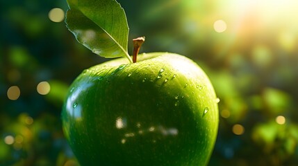 Green apple on the ground with bokeh background.