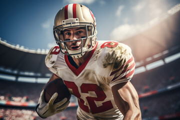 Close-up of professional American football player running with the ball across the stadium field. Determined, powerful, skilled Caucasian athlete ready to win the game. Blurred background.