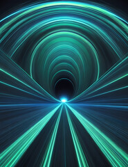 Abstract 3d illustrated background in neon blue. Speed of light tunnel vision concept.