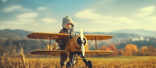 Happy girl pilot playing plane toy on field. AI generated image