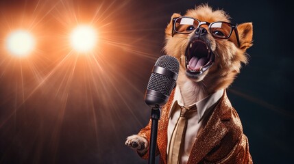 Portrait dog glasses singing on karaoke stage background - obrazy, fototapety, plakaty
