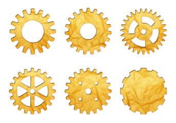 Obraz premium Cogwheel shapes with isolated paper cutout effect revealing gold crumpled paper background