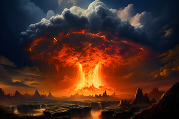 A nuclear explosion,  flash of light, a giant column of fire and clouds of smoke. The release of radiant energy. Environmental disaster. An explosion in the form of a huge mushroom. - obrazy, fototapety, plakaty