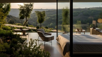 Luxury house interior, view from terrace overlooking the valley. Luxury hotel room interior with a view of the vineyards.