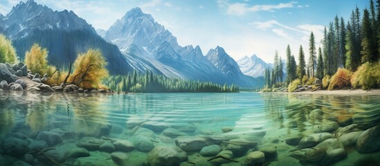Mountain with blue lake nature landscape. AI generated image