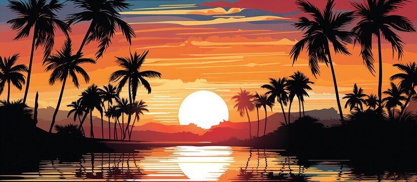 Beautiful drawing tropical beach with palm tree on sunset view. AI generated image