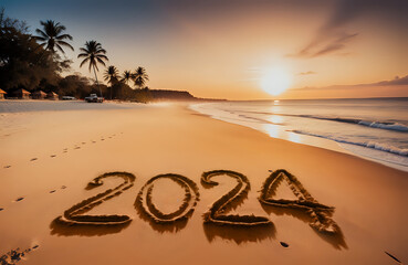 New year 2024 concept. Text 2024 written on sandy beach during sunset. New Year Start. Copy Space. - obrazy, fototapety, plakaty