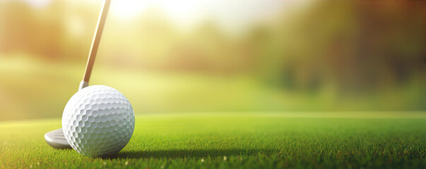 Golf tee on green meadow and white ball in cut grass ready to play golf. banner