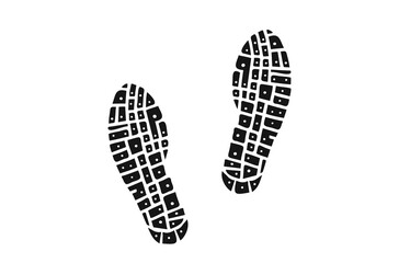 Human shoe footprints. Pair of prints of sneakers or boots. Left and right leg. Shoe sole. Walking foot steps. Black and white vector isolated on white. Icon, symbol, pictogram... Design element