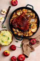 Turkey thigh roasted with apples.top veiw .style rustic.