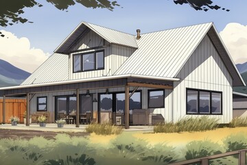 rectangular metal-roof barn accompanying white modern farmhouse, magazine style illustration