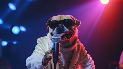 Portrait dog glasses singing on karaoke stage background