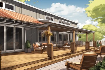 retractable metal awning over wooden patio of modern farmhouse, magazine style illustration