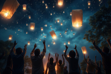 Fototapeta na wymiar A group of friends releasing sky lanterns into the night sky, creating a beautiful display of floating lights. Concept of shared aspirations and dreams. Generative Ai.