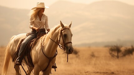 Cowgirl riding horse on dramatic sunset background. AI generated image - obrazy, fototapety, plakaty