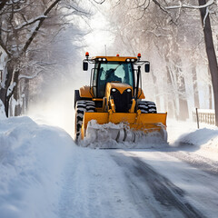 snow removal equipment, a yellow tractor with a bucket cleans snow from the road. cleaning snowdrifts from the street in winter. special equipment.