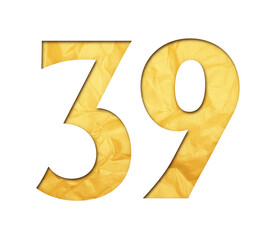 Number 39 with isolated paper cutout effect revealing gold crumpled paper background