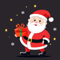 Vector christmas pattern with cartoon
santa claus in the red hat, snowflakes, gifts 
 on a black background. 2024 New Year's fashion
ornament for fabric, paper, textiles.
