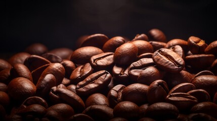 Brown Roasted Coffee Beans Closeup On Dark Background 