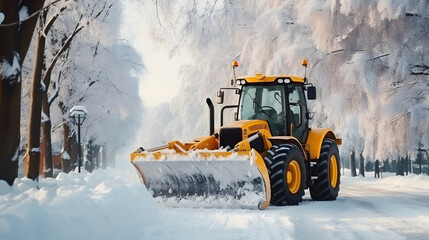 snow removal equipment, a yellow tractor with a bucket cleans snow from the road. cleaning snowdrifts from the street in winter. special equipment. - obrazy, fototapety, plakaty