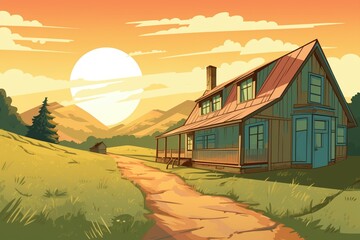 angled picture of a long, linear farmhouse underneath the shining sun, magazine style illustration
