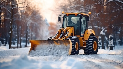 snow removal equipment, a yellow tractor with a bucket cleans snow from the road. cleaning snowdrifts from the street in winter. special equipment.