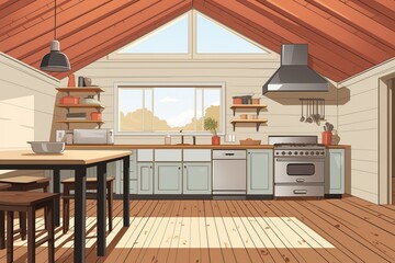minimalist farmhouse kitchen with metal roof, magazine style illustration