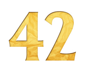 Number 42 with isolated paper cutout effect revealing gold crumpled paper background