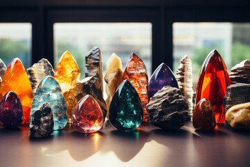 A display of diverse and vibrant gemstones, each reflecting the unique beauty of natural minerals. Concept of geological diversity. Generative Ai. - obrazy, fototapety, plakaty