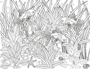 Coloring page for children and adults. Fabulous underwater world.