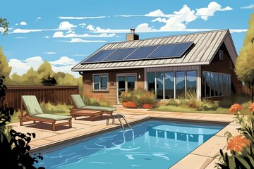 a suburban saltbox home with a pool, magazine style illustration