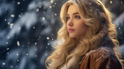 Beautiful blonde woman walking in a park on a winter day at Christmastime