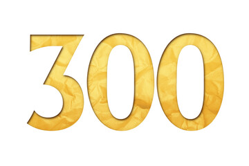 Number 300 with isolated paper cutout effect revealing gold crumpled paper background