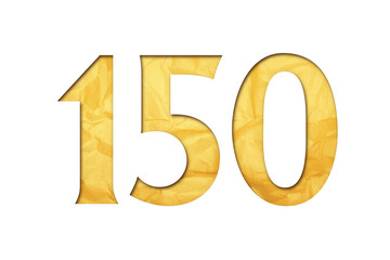 Number 150 with isolated paper cutout effect revealing gold crumpled paper background