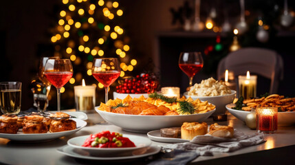 Christmas dinner table full of dishes with food and snacks, and Christmas tree with garlands of lights in the background - obrazy, fototapety, plakaty