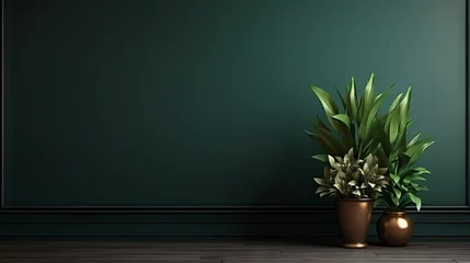 Poster dark green classic wall background, brown parquet floor, home furniture detail, frame and vase of plant © Jalal