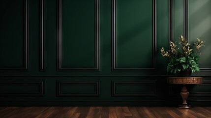 dark green classic wall background, brown parquet floor, home furniture detail, frame and vase of plant