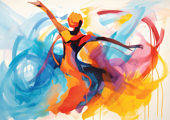 Woman dancing and stretching out in expressive movement - on a spectrum of colours - vibrant gouache painting for illustration purposes. Health and beauty.