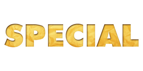 ‘Special’ written in isolated paper cutout effect revealing gold crumpled paper background