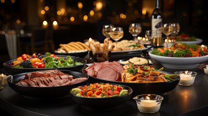 Fototapeta premium Dinner table with food and snacks. Variety dishes, salads, sliced meats, ham, vegetables, wine glasses.
