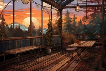 outspread of cabin terrace with glass railings enveloping the forest, magazine style illustration