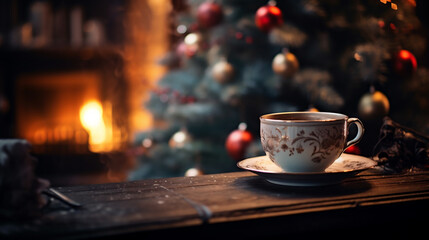 Obraz premium Cup of coffee on the background of a Christmas tree and fireplace