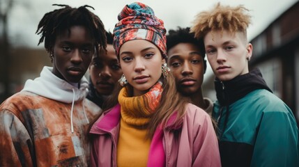 A diverse group of teenagers from different backgrounds, participating in a community project, fashionably dressed for trends. Inclusion and Diversity - obrazy, fototapety, plakaty