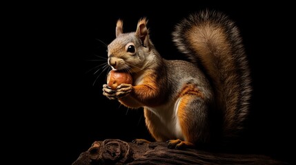 Obraz premium The red squirrel animal eating acorn on dark background
