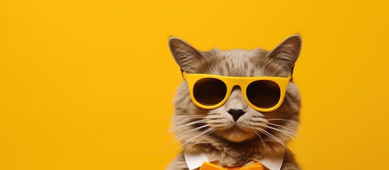 Portrait funny cat in stylish sunglasses on yellow background