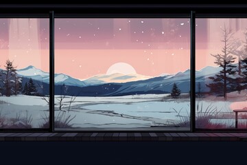 expanse of a glass window with snowy landscape reflection, magazine style illustration