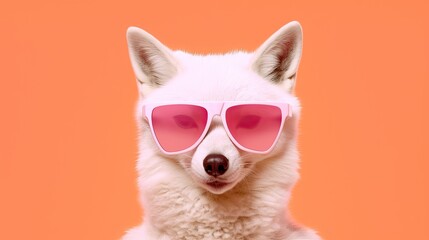 Arctic fox with white fluffy coat and wearing sunglasses Portrait of a stylish beast in a fashionable style. Illustration for cover, card, interior design, brochure or presentation.