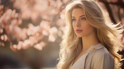 Fototapeta premium Beautiful blonde woman walking in a park on a spring day
