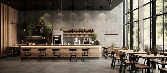 Minimalist interior design of restaurant or cafe with wooden style. AI generated - obrazy, fototapety, plakaty