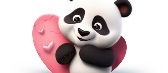 Rendering panda animal holding red heart isolated background